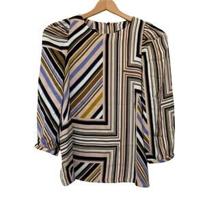 MNG NEW Mango Blouse Sz 2 XS Women's Leonor Geometric Striped Design Tan Black